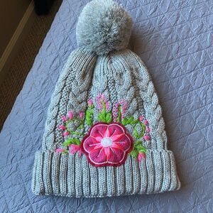 Floral Embroidered Gray Knit Beanie